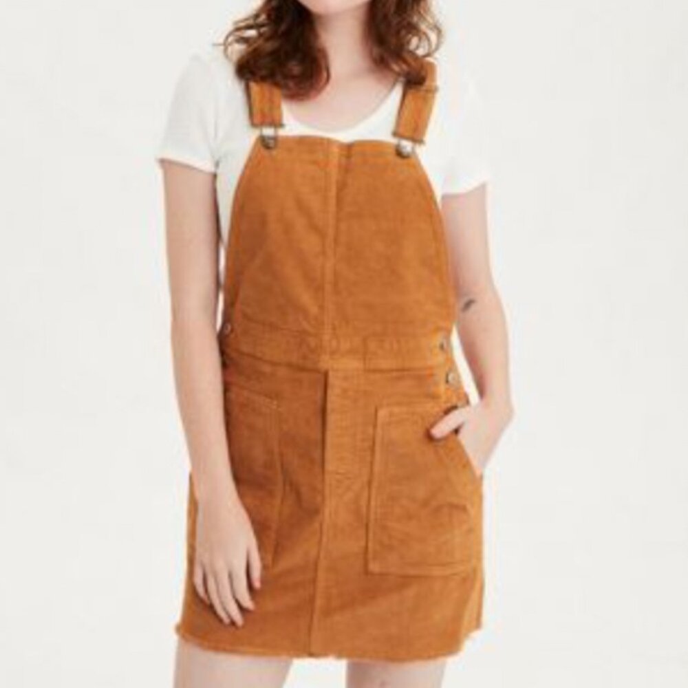 American Eagle Skirt Overalls Womens XL Corduroy Stretchy Brown Pockets Raw Hem